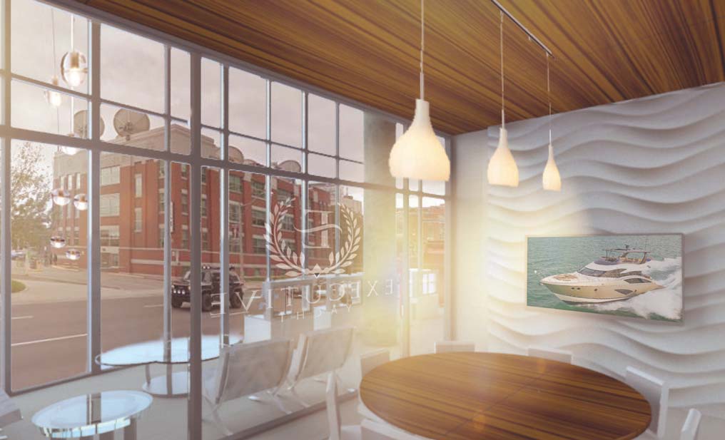 Artists rendering of the interior of the new location showing a meeting room in the foreground and the lobby in the background.