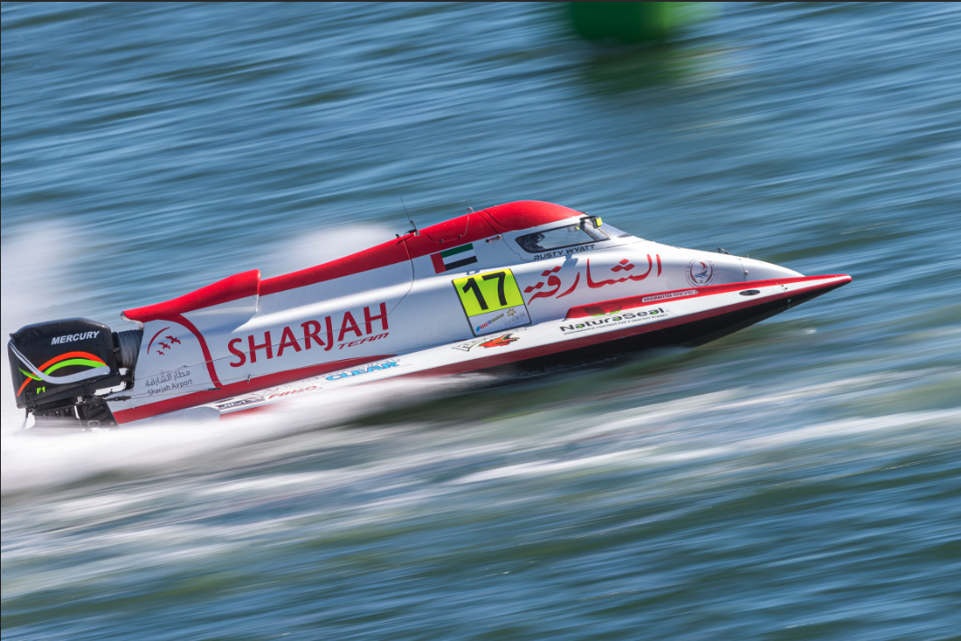 Rusty Wyatt racing by in his F1 powerboat.