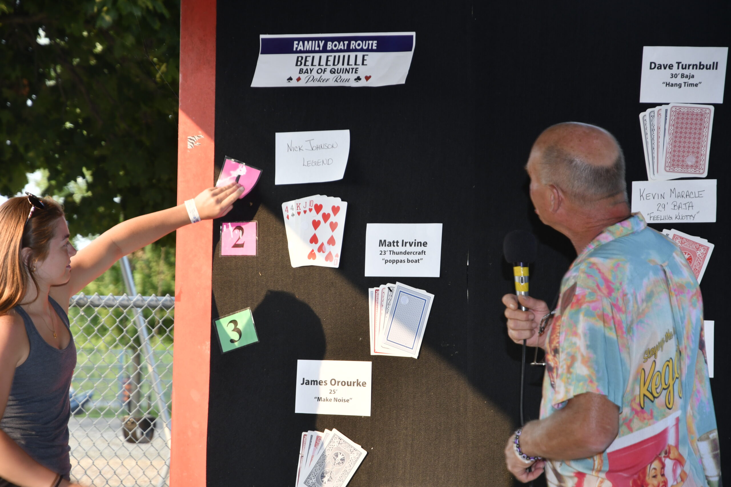 Hope Meere and Dave Turnbull revealing the cards to the drivers under the pavilion at Zwick Park.